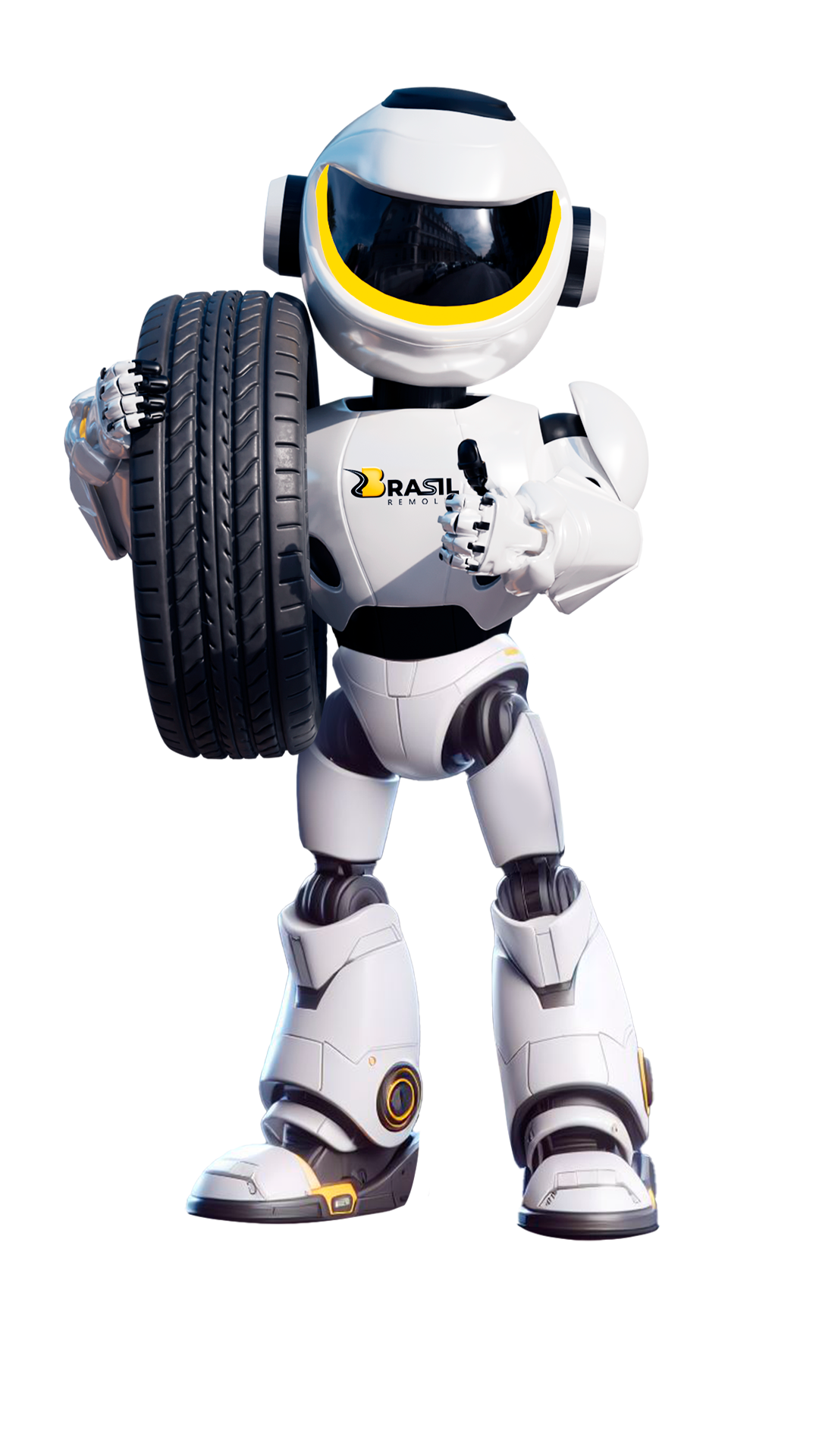 Mascote Brasil Remolds segurando um pneu